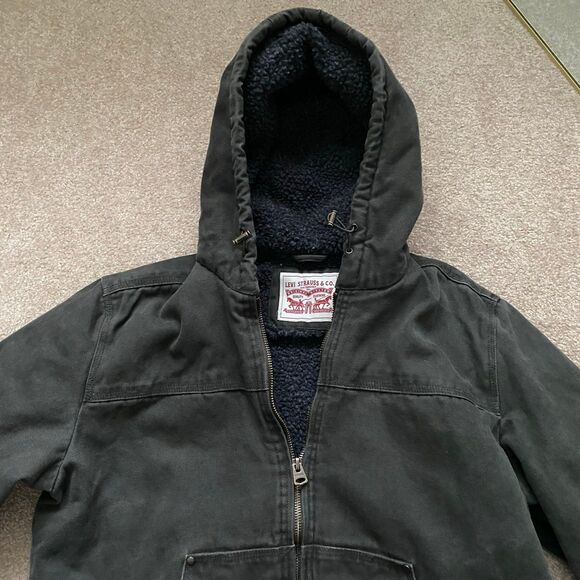 Men's Levi's Cotton Workwear Sherpa-Lined Hooded Bomber Jacket Coat Olive Large - Picture 10 of 12